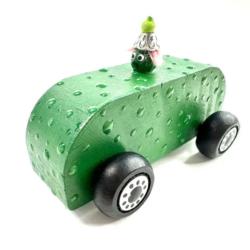 Pickle Car Scared Eyes Wood Made By Me 3” L X 1.75” W X 1.75” H