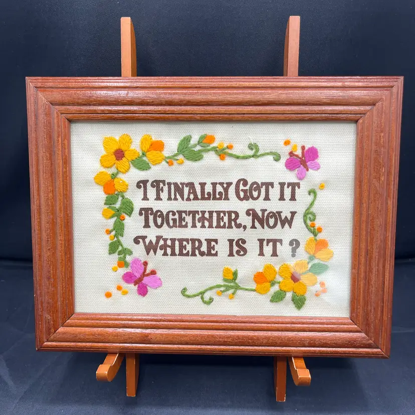 Made By Me Hand Embroidered “…Now Where Is It?” With Florals Framed 8.75” x 6.5”
