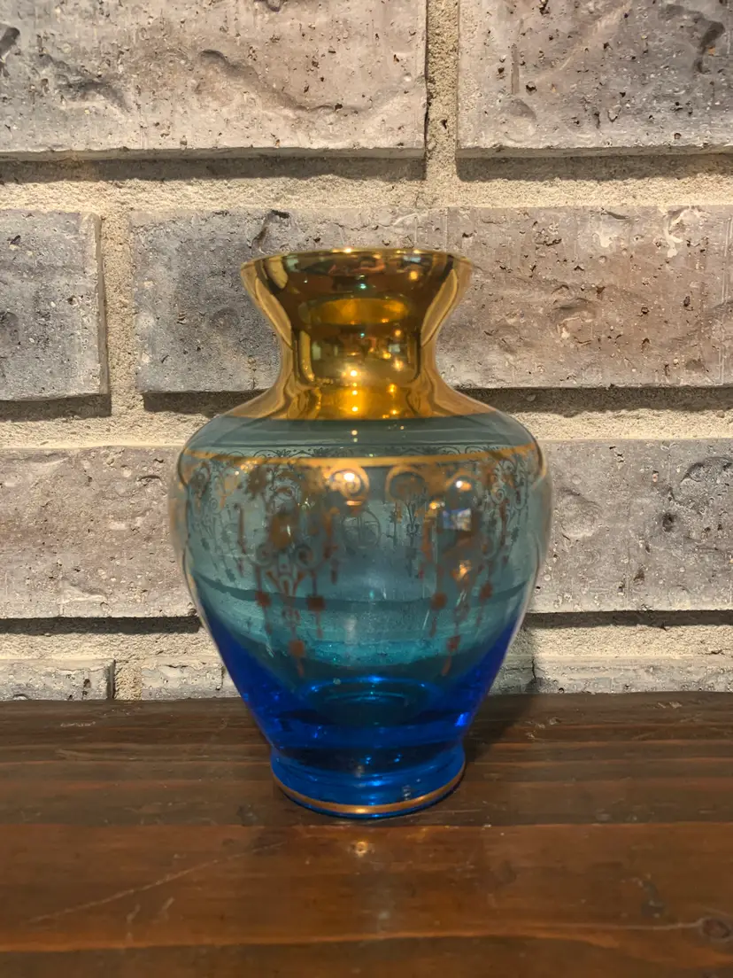 Vintage Vecchia Murano Italian Art Glass AQUA Blue Gold Gilt Vase 4” Tall