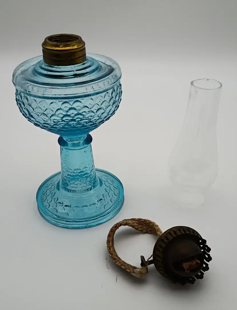 Miniature Oil Lamp ~ Blue Fish Scale ~ Dalzell, Gilmore & Leighton Co ~ Complete