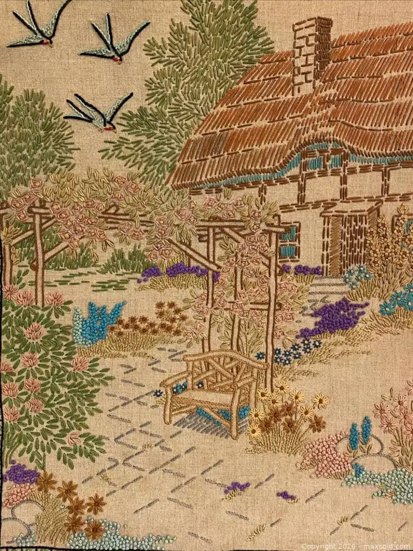 Vintage Hand Embroidered Thatched Cottage and Garden Scene Wall Hanging