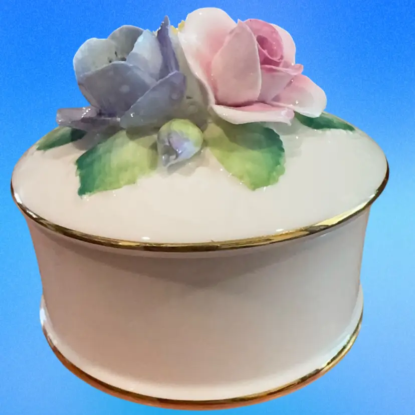 Crown Staffordshire Bone China Trinket Box With Floral Lid & Gold Trim