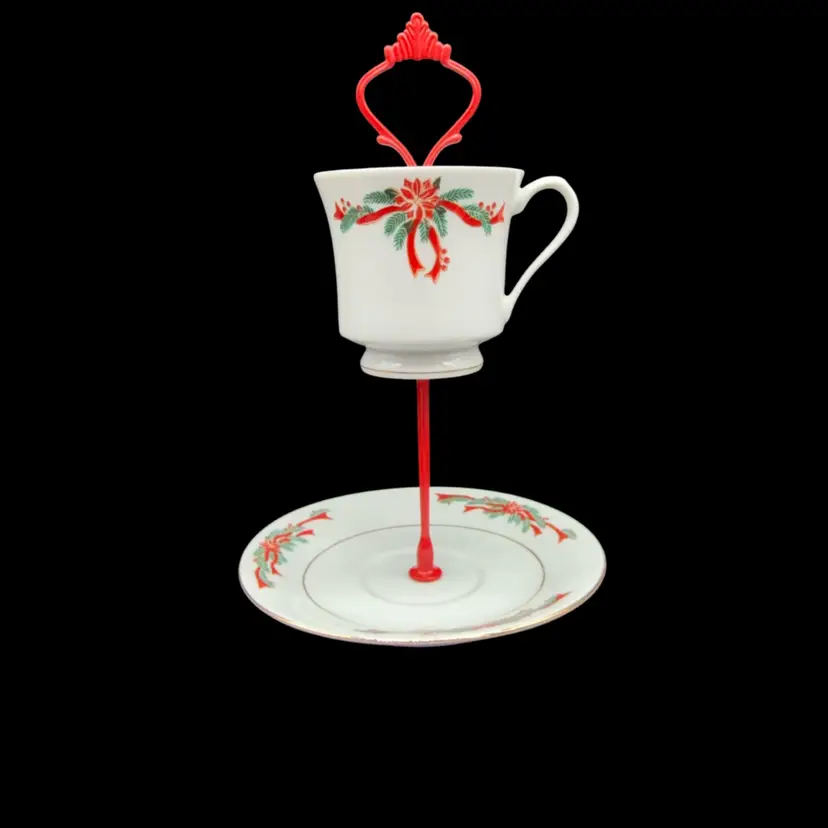 Floating Teacup Red Ribbons 9”