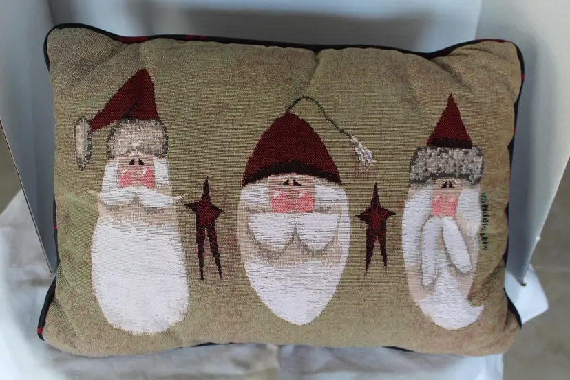 Fiddlestix Three Santas Stars Tapestry 16x10” Christmas Pillow