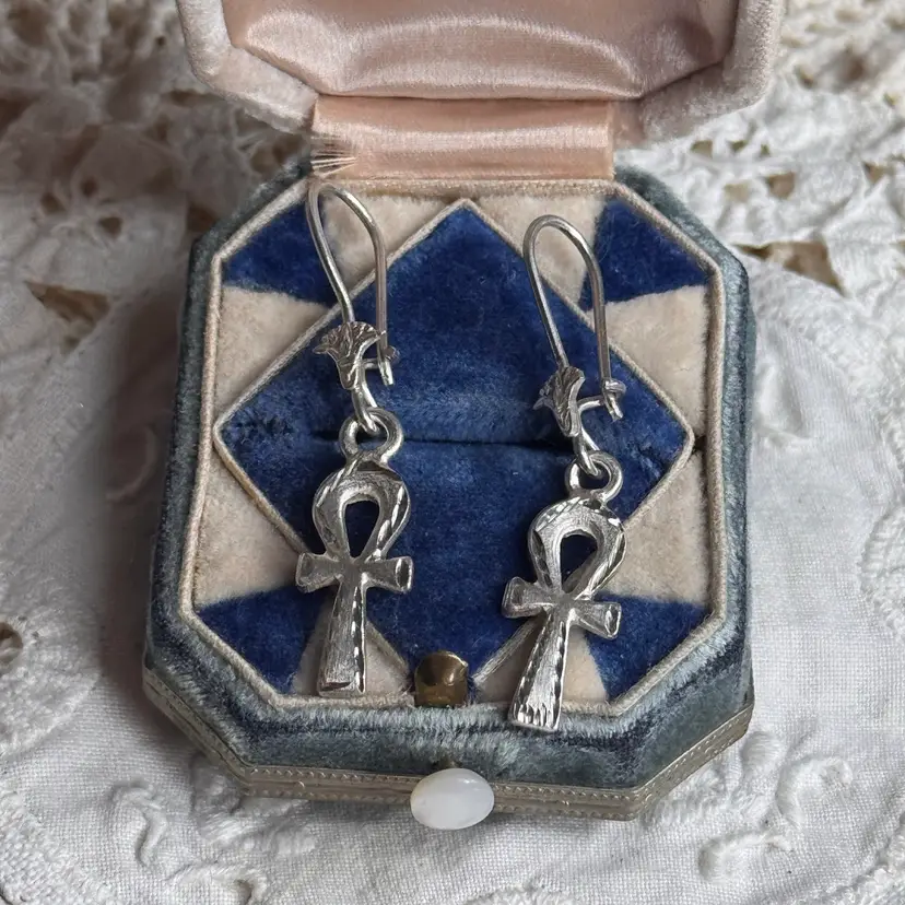 Vintage Sterling Silver Ankh Earrings: Egyptian Key of Life