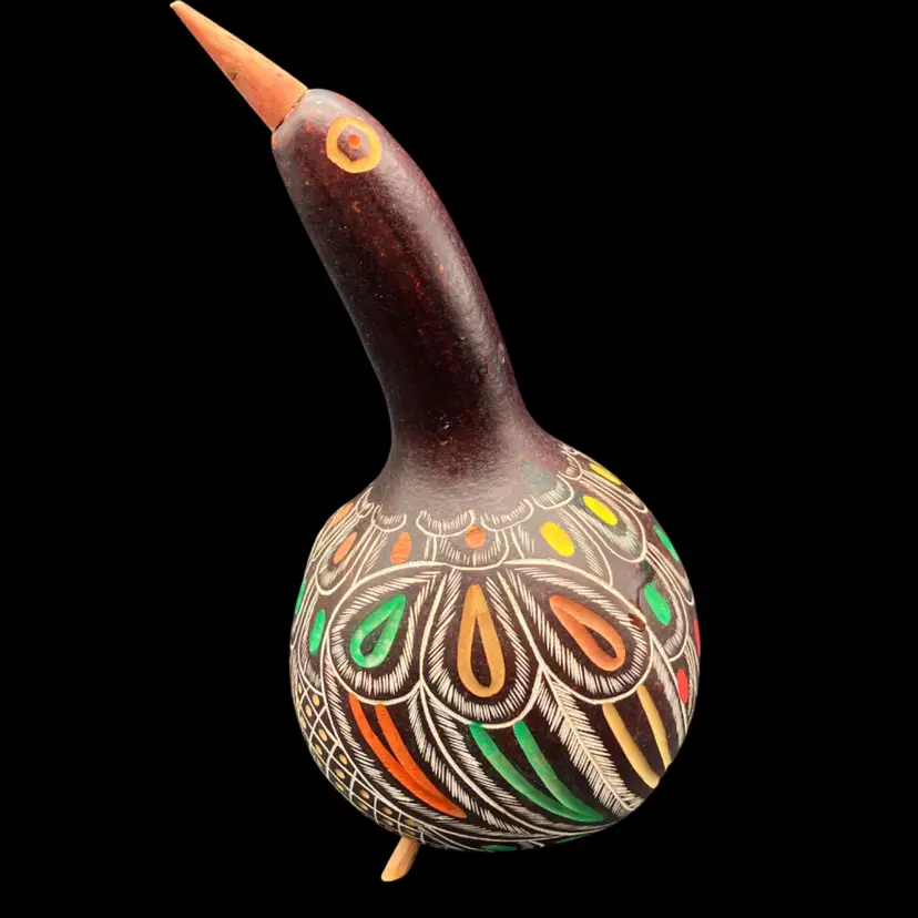 BIN - Etched And Painted Gourd Bird Peru 6.75”
