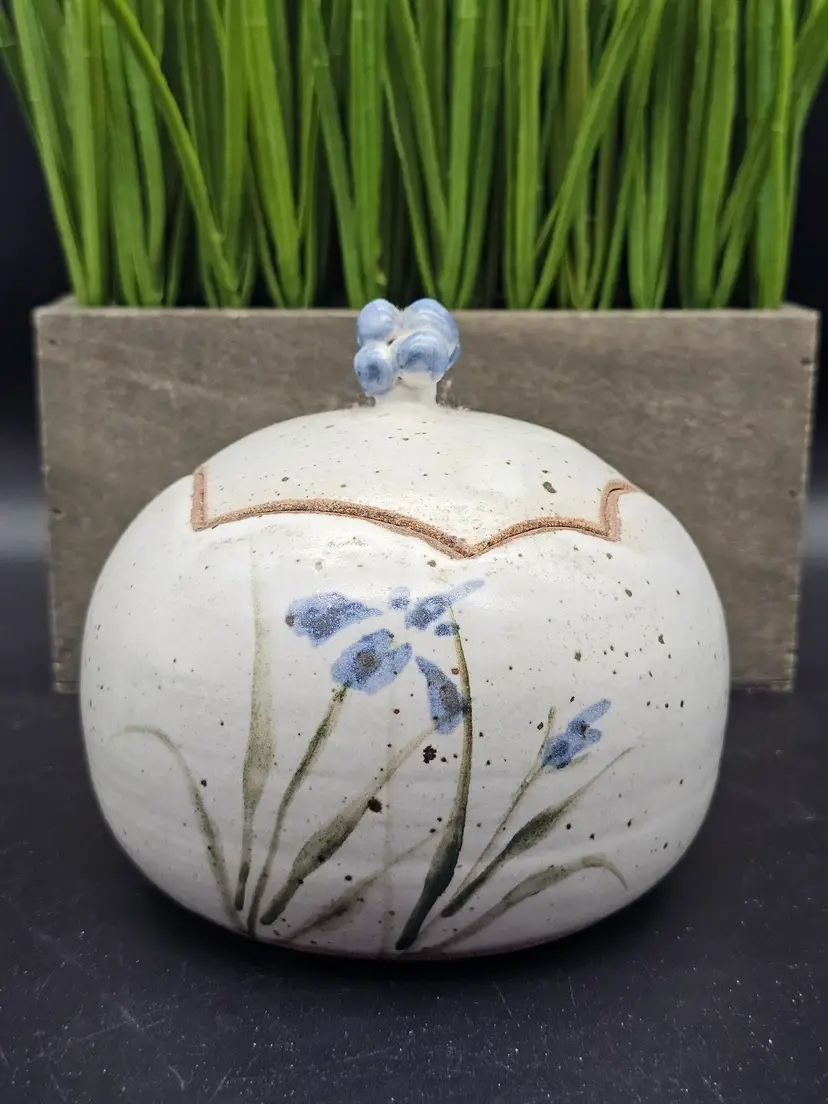 Blue Iris Wildflower Stoneware Pottery Lidded Sugar Salt Bowl Candy Trinket Jar