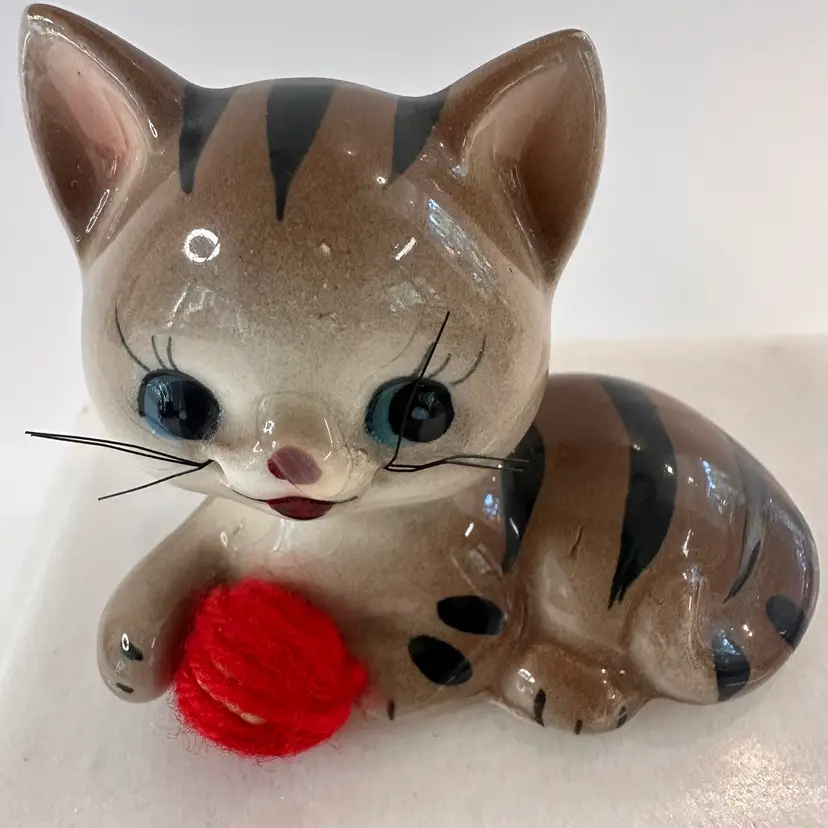 Vintage Ceramic Tabby Kitten with Yarn