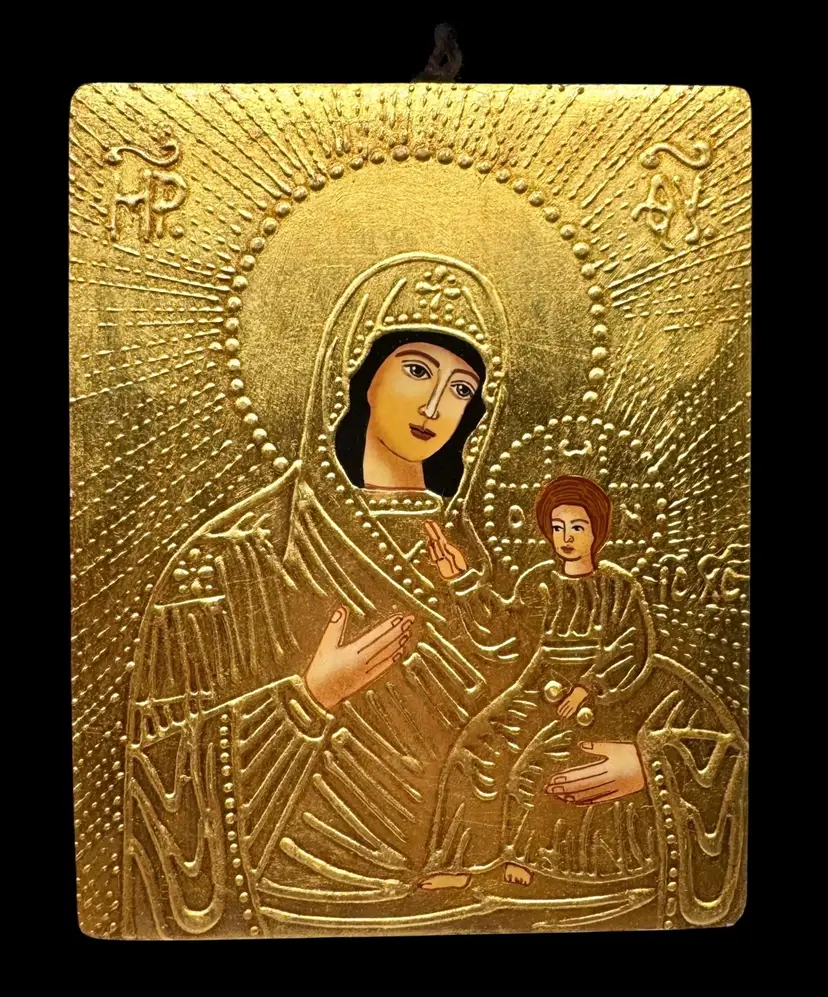 Vintage Orthodox Madonna & Child Icon Wall Plaque Gold Tone Relief Religious Art