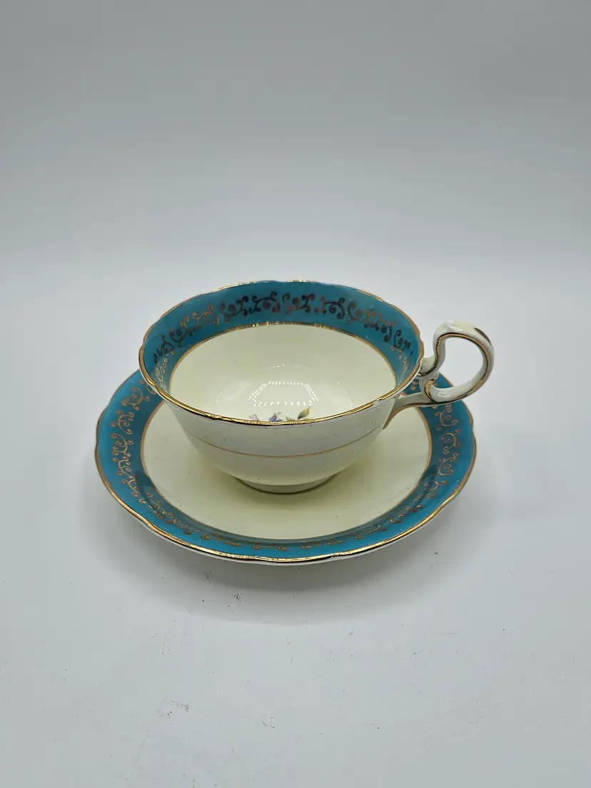Ansley Turquois Blue Floral Tea Cup & Saucer. England