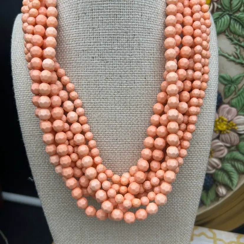 Vintage 8 Strand Peach Faceted Plastic Bead Statement Necklace