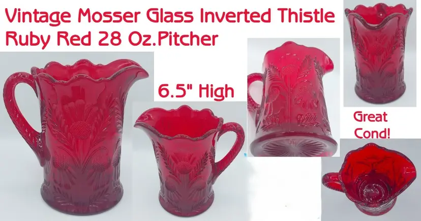 Vintage Mosser Glass Inverted Thistle Ruby Red 28 oz. Pitcher, CHRISTMAS RED!