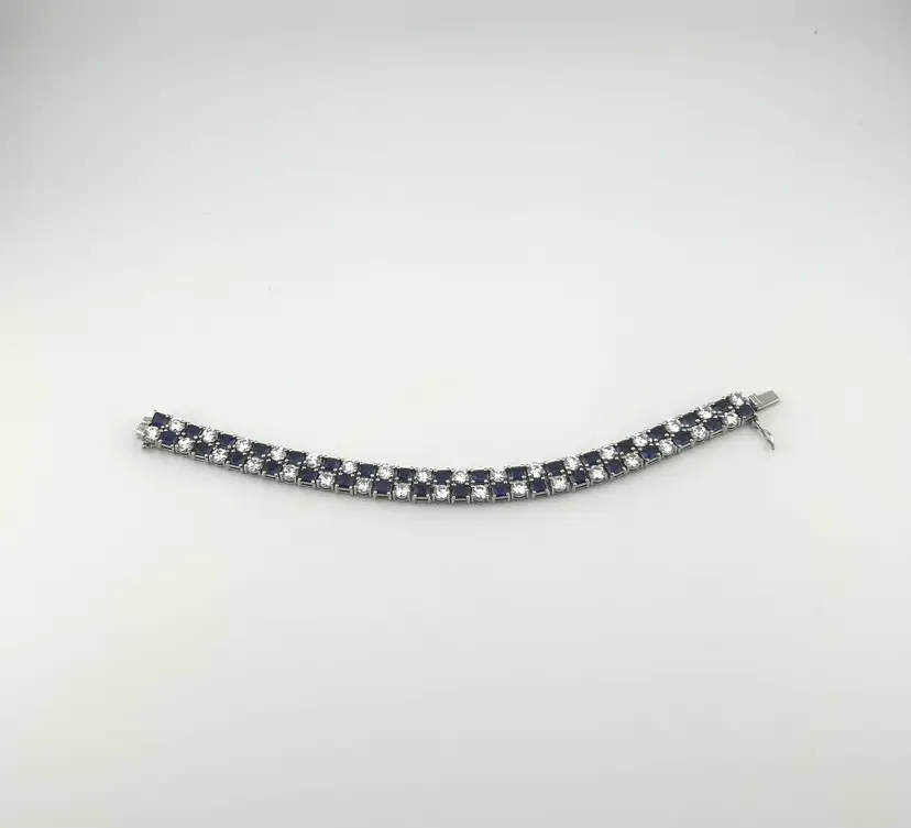 Silver Tone Blue and Clear Stone Tennis Bracelet 7”