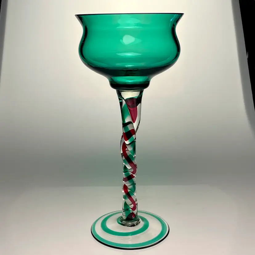 Krosno Poland Tall Art Glass Candle Holder Christmas Green & Red Twisted Swirl 12.5”