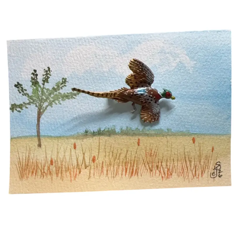 Original Watercolor Card Flying Pheasant Brooch In Field 5 X 3.5”