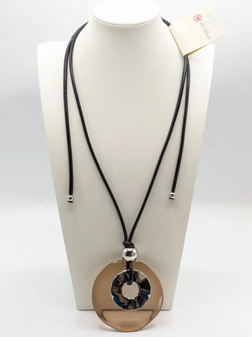 And Lovely Boho Style Amber Color Disc with Black Cord Necklace NWT
