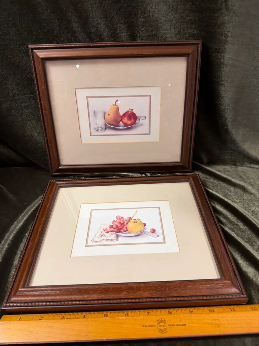 🥳Beautiful Wood Framed, Professionally Matted Vintage Set Of Fruit Still Life Prints.  Frames are ~12” x 10”. Beautiful for Fall Styling