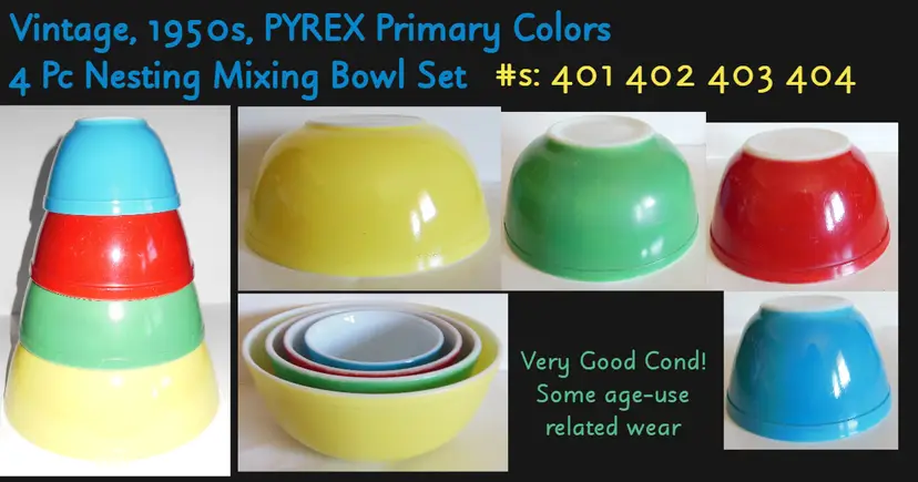 Vintage Pyrex Primary Colors Mixing Bowl Set Of 4 Nesting Bowls MCM