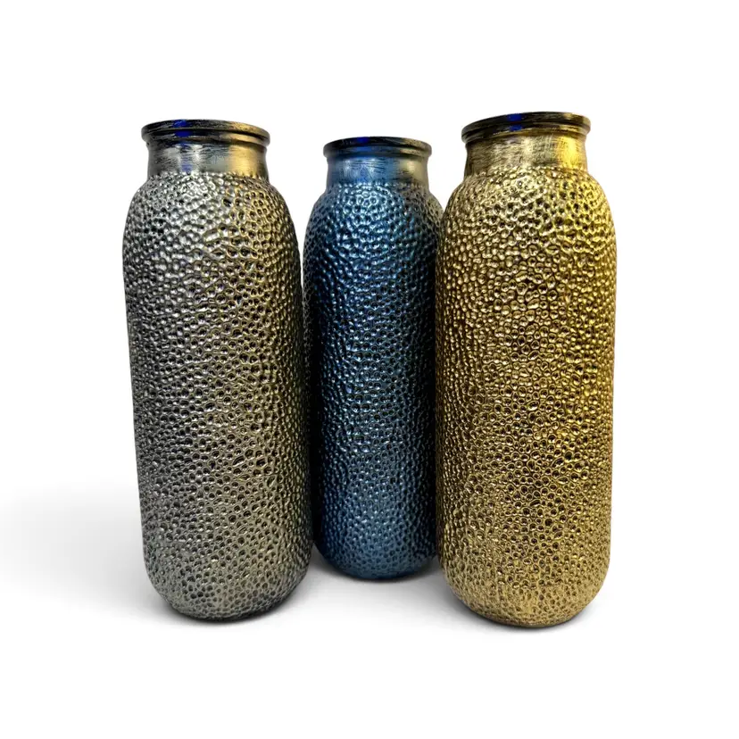 Set of Three Textured Glass Bottles Vases Metallic Colors Upcycled