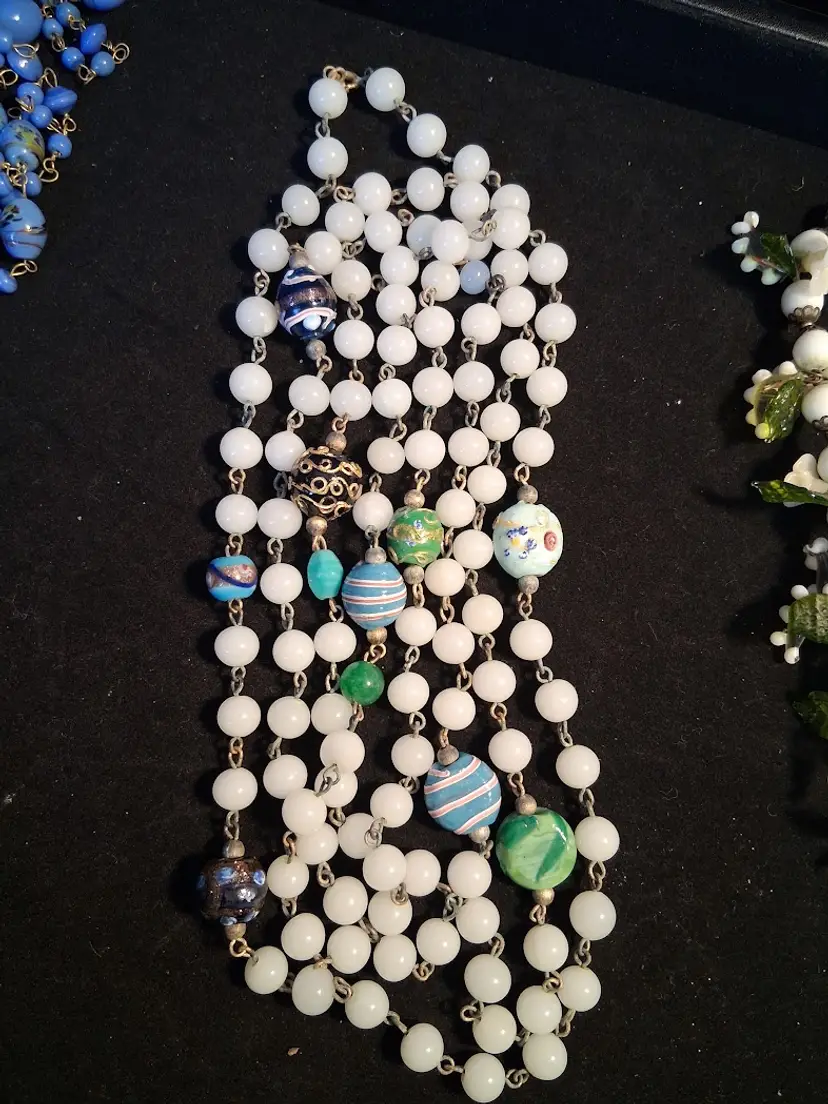 Rare Antique Italian Venetian Lamp Work Wedding Cake Bead 30"(closed) Necklace