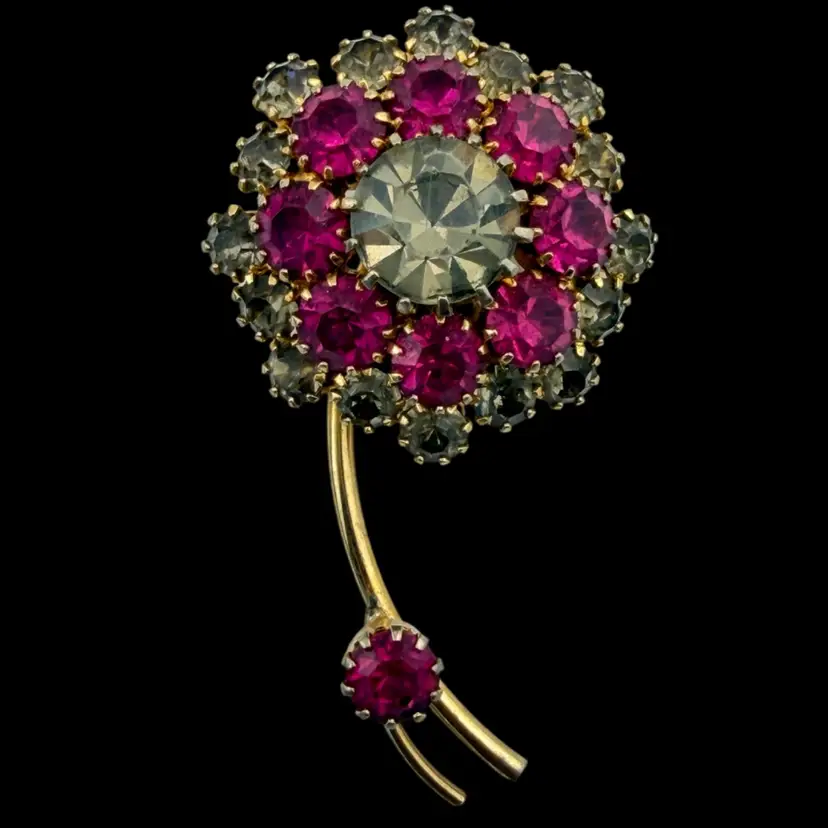 Pink Rhinestone Flower Brooch 2.15"
