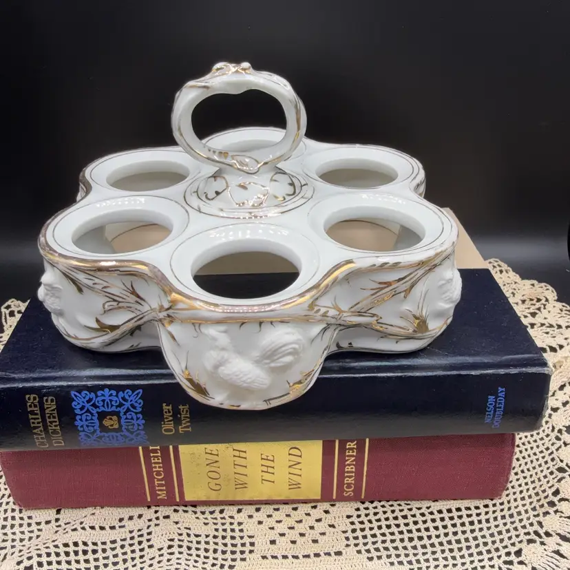 🐞Antique Antique Victorian Era porcelain eggs serving stand 7x4”