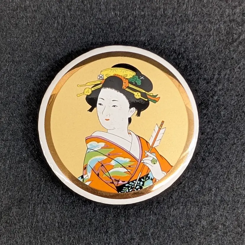 Vintage Japanese Ceramic Refrigerator Magnet Woman Orange Kimono Arrow Ukiyo-e