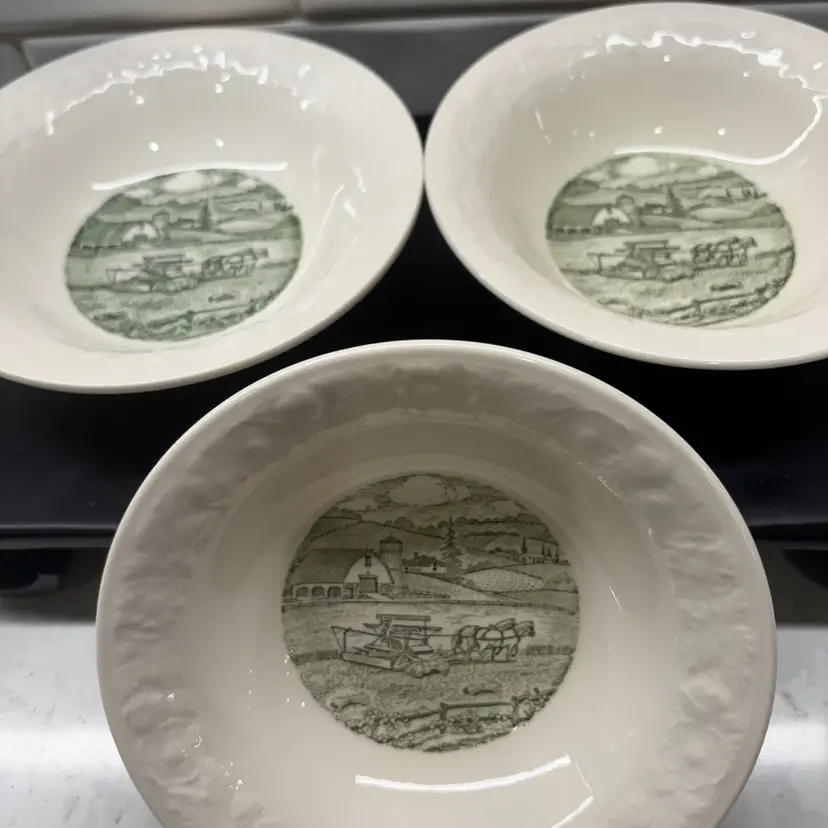3 Pastoral Green Farm Scene Fruit Bowls - 1 Homer Laughlin + 2 Taylor Smith