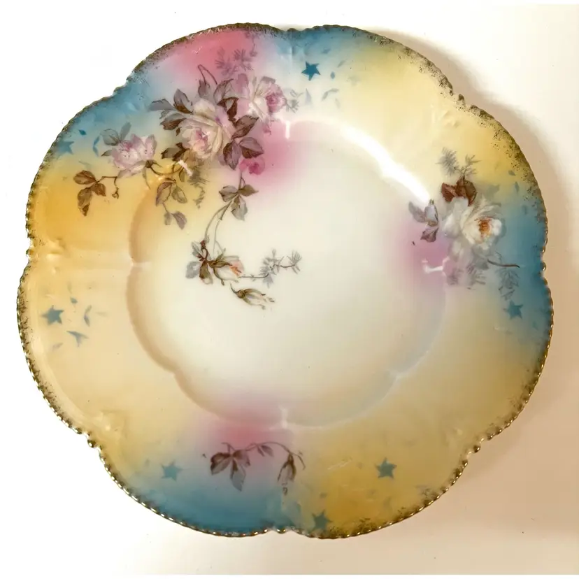 Antique Porcelain Pastel Blue Yellow Pink Roses Scalloped Rim Small Dessert Plate 6.2 in