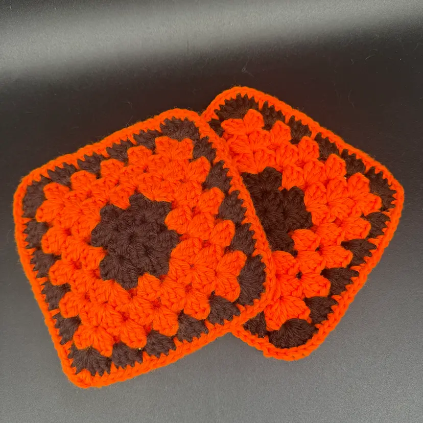 Vintage 70s Style Crochet Granny Squares Orange & Brown Handmade Set of 2 6x6”