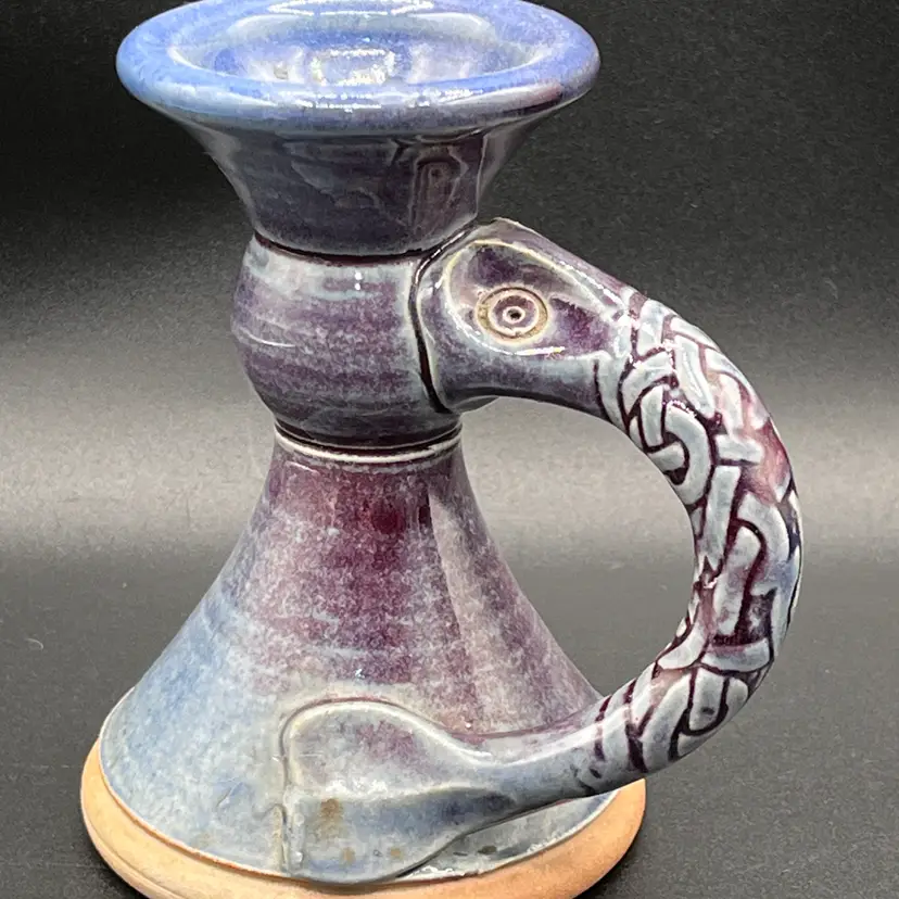 Single Celtic Clays Carlingford Blue Art Pottery Fish Handle Candle Stick Holder 5.25”
