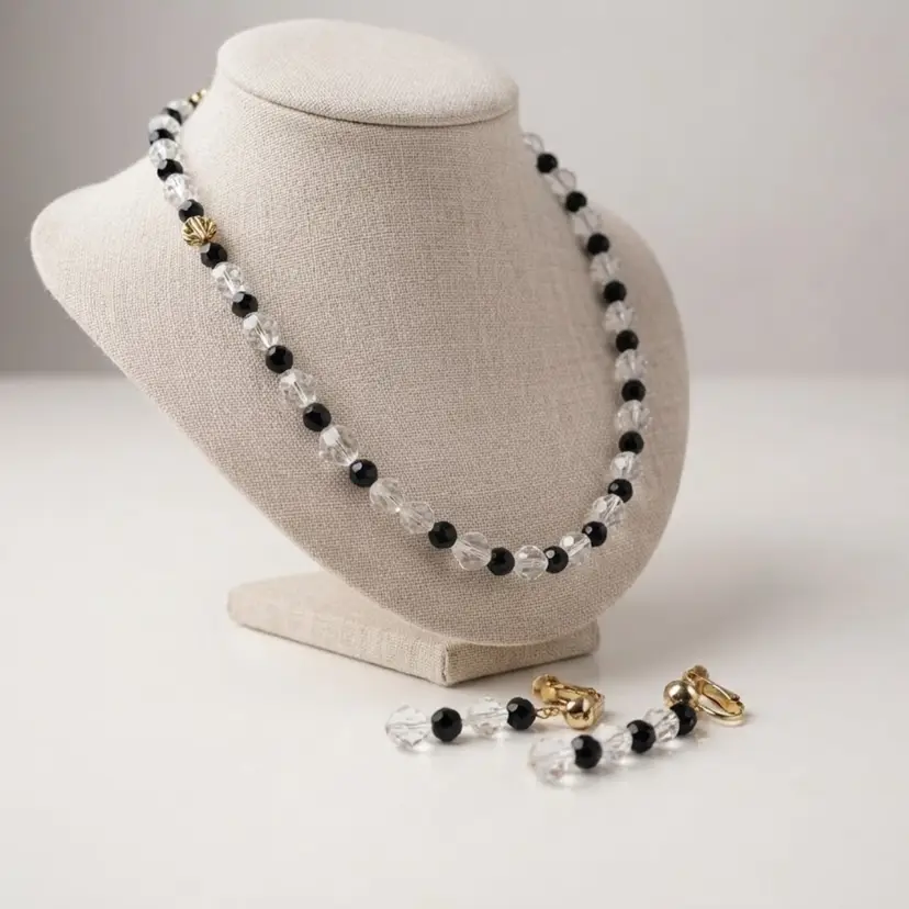 114.   Signed Vintage SAL Swarovski Black & Clear Faceted Crystal Bead Necklace & Earring Parure