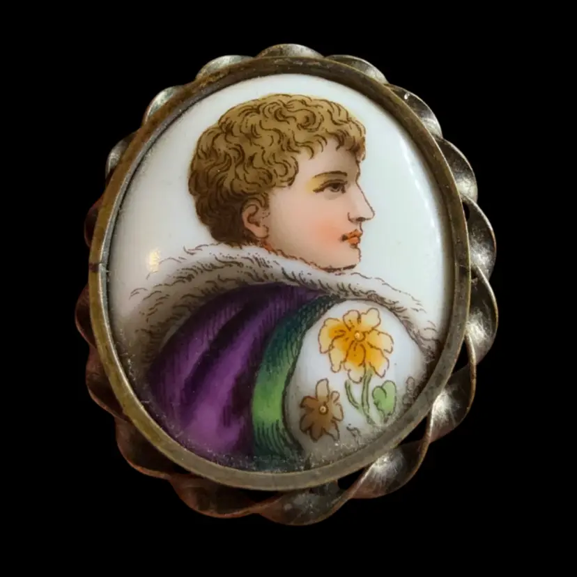 Antique Victorian 1870’s Cameo Portrait Regal Youth Hand Painted Porcelain Gold Gilt 1.75” Brooch Pin