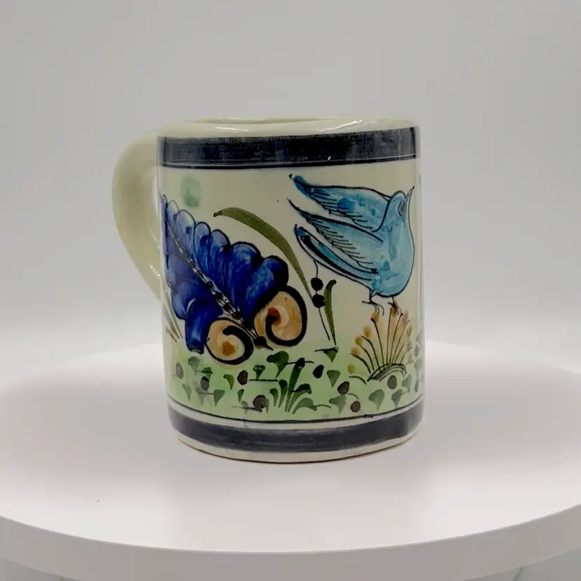 #304- Tonala Pottery Coffee Mug Signed CAT Mexico Bird Blue Accents