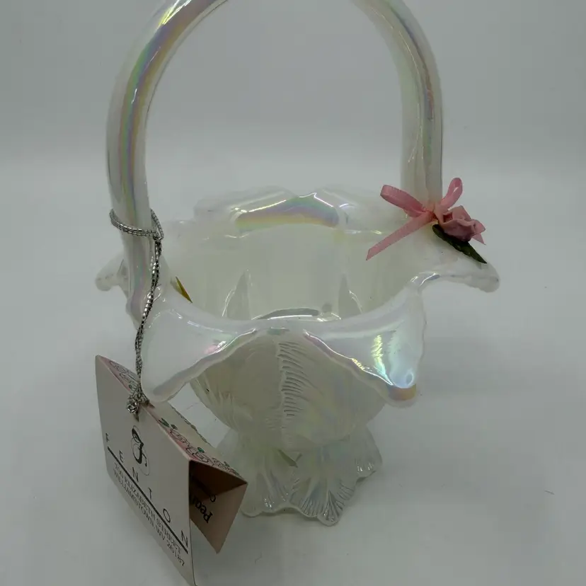 Vtg FENTON Pearly Sentiments Opaline Glass Small Opalescent Basket W Rose&Ribbon