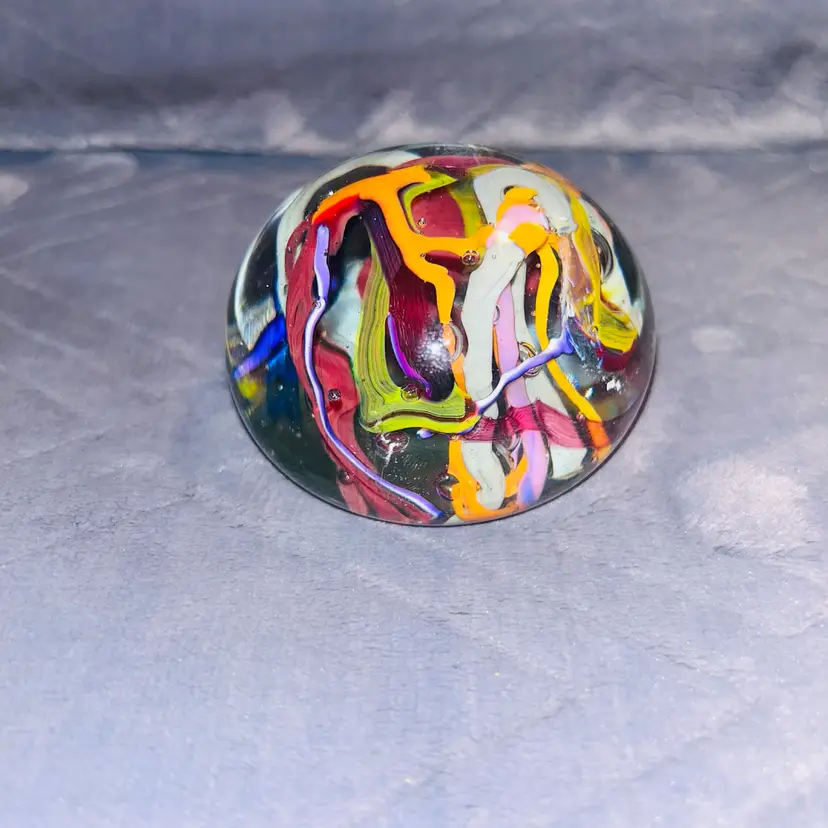 Round  Multicolor Art Glass Paperweight Swirl Ribbon Design