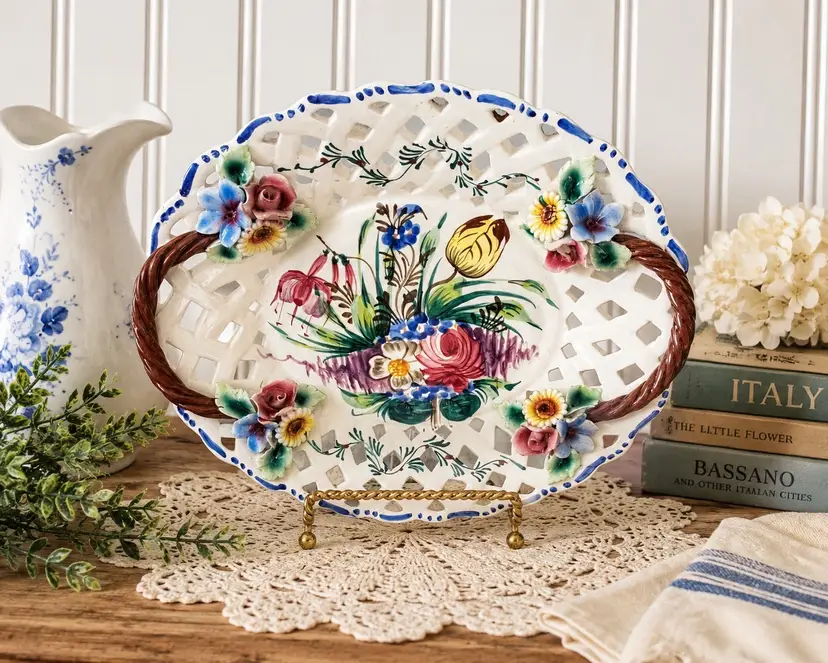 Vintage Italian Majolica Openwork Floral Tray