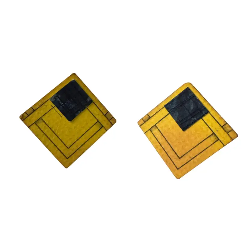 Vintage 90s TKE Frank Lloyd Wright Style Lacquered Paperboard Geometric Post Earrings Yellow RARE