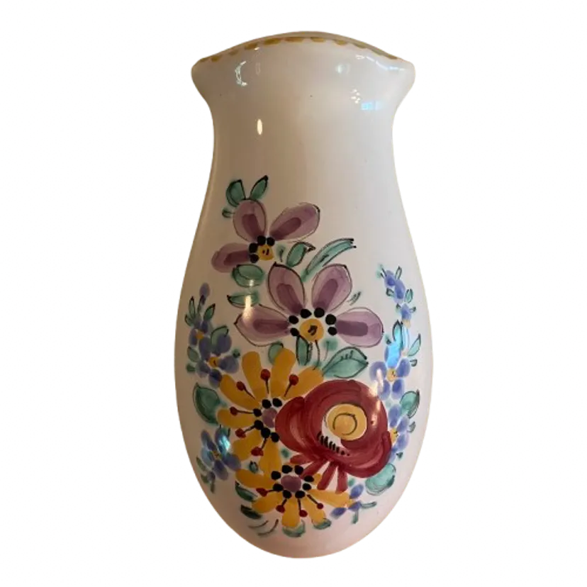 Vintage Keralit Czech Art Pottery Wall Pocket Vase - No. 102 Hand-Painted Floral