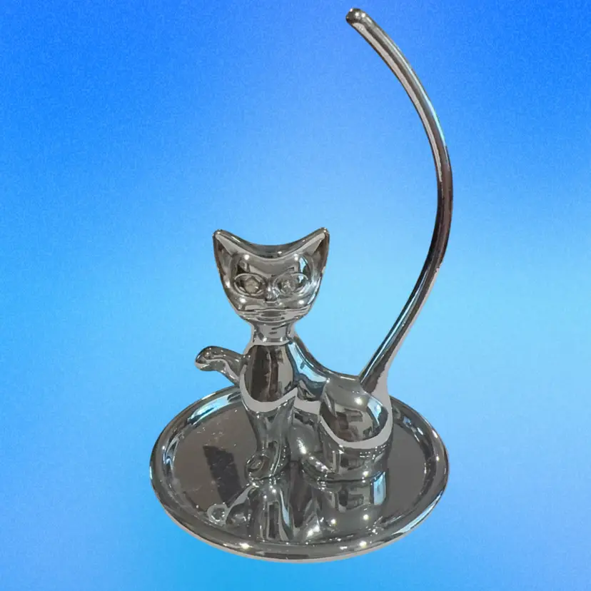 Silver Plated Long Tail Kitty Ring Holder W/ Jeweled Eyes