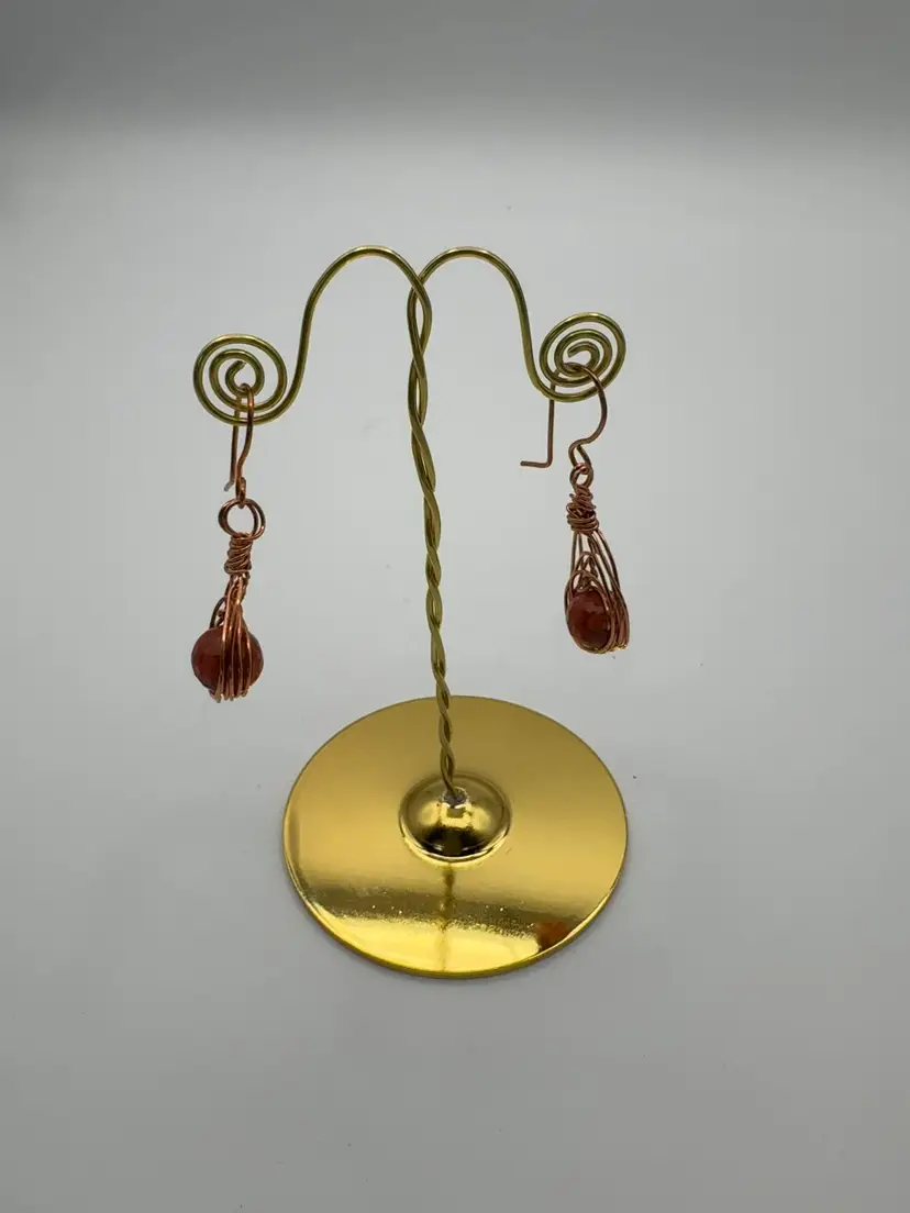 Handmade By Me 100% Handcrafted Copper Wire Wrapped Red Jasper Dangle Earrings 1.25” Drop