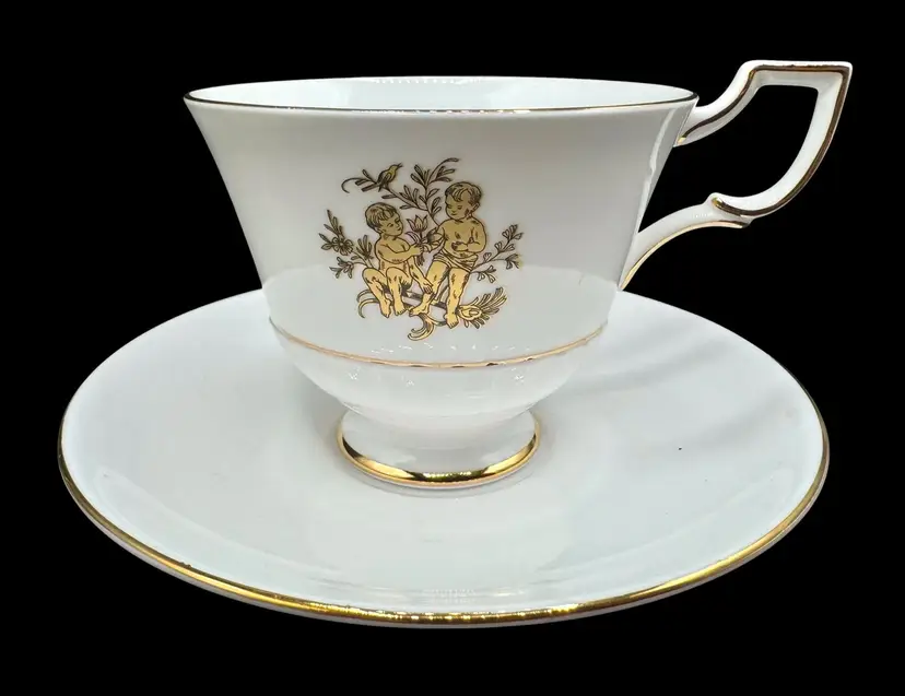 Vintage Tuscan Fine Bone China Teacup Saucer Set Gemini Zodiac Astrology Gold