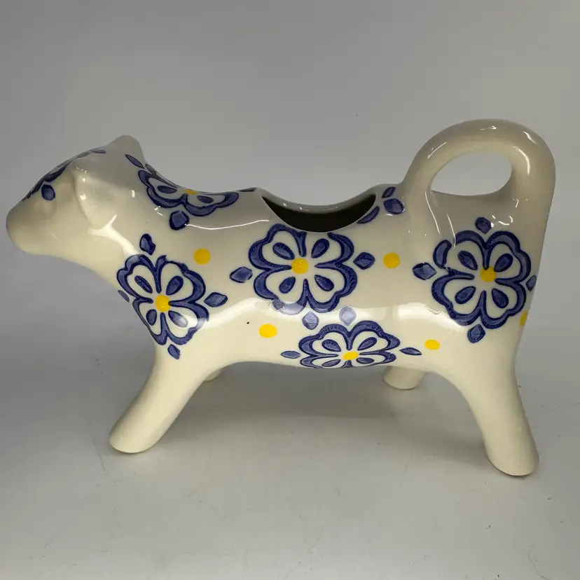 Vtg Ceramic Cow Creamer Blue Floral On White Yellow Dots Hand Decorated