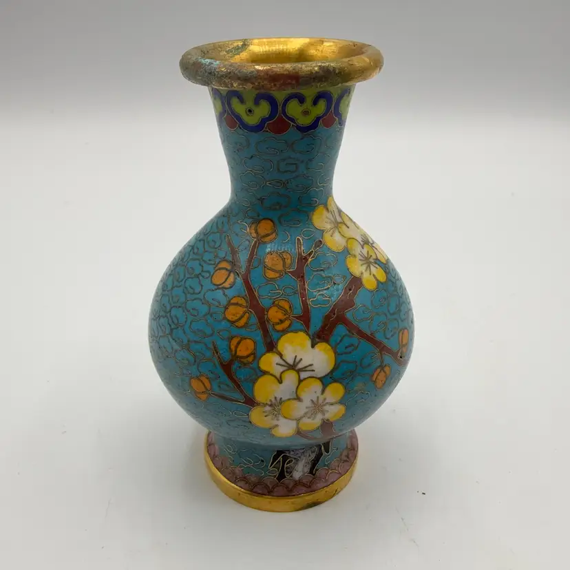 Cloisonné Turquoise Floral Small Vase Verdigris On Top Edge