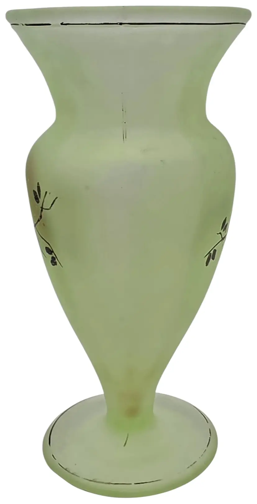 TIFFIN SATIN URANIUM GLASS PARROT DECORATED VASE SOME PAINT LOSS