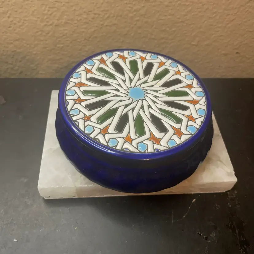 Exquisite MCM Ceramic Mosaic Inlay Cobalt Blue 5” Lidded Bowl Made In Italy