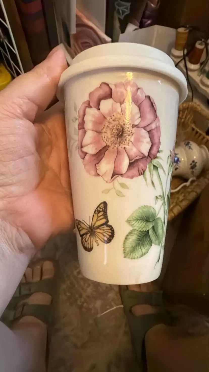 Lenox Butterfly Meadow Porcelain Travel Tumbler Mug with Silicone Lid, Coffee/Tea