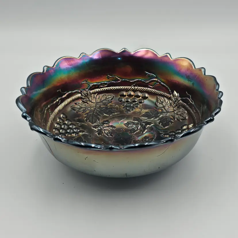 Antique Amethyst Carnival Glass Grape and Cable Ice Cream Bowl