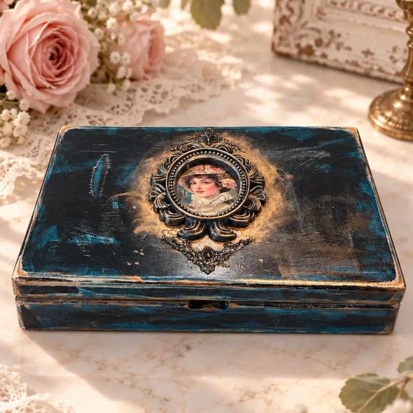 Victorian Lady Distressed Teal & Antique Gold Keepsake Box - Romantic Storage