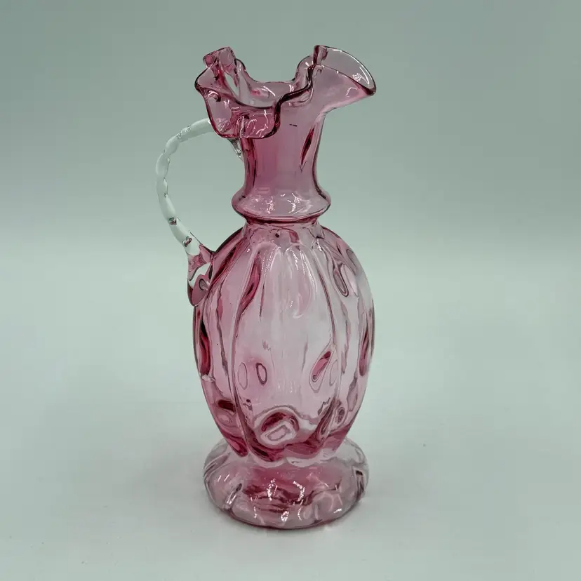 Vintage Fenton Cranberry Glass Coin Dot Optic 9" Handled Ewer Pitcher Ruffled Rim